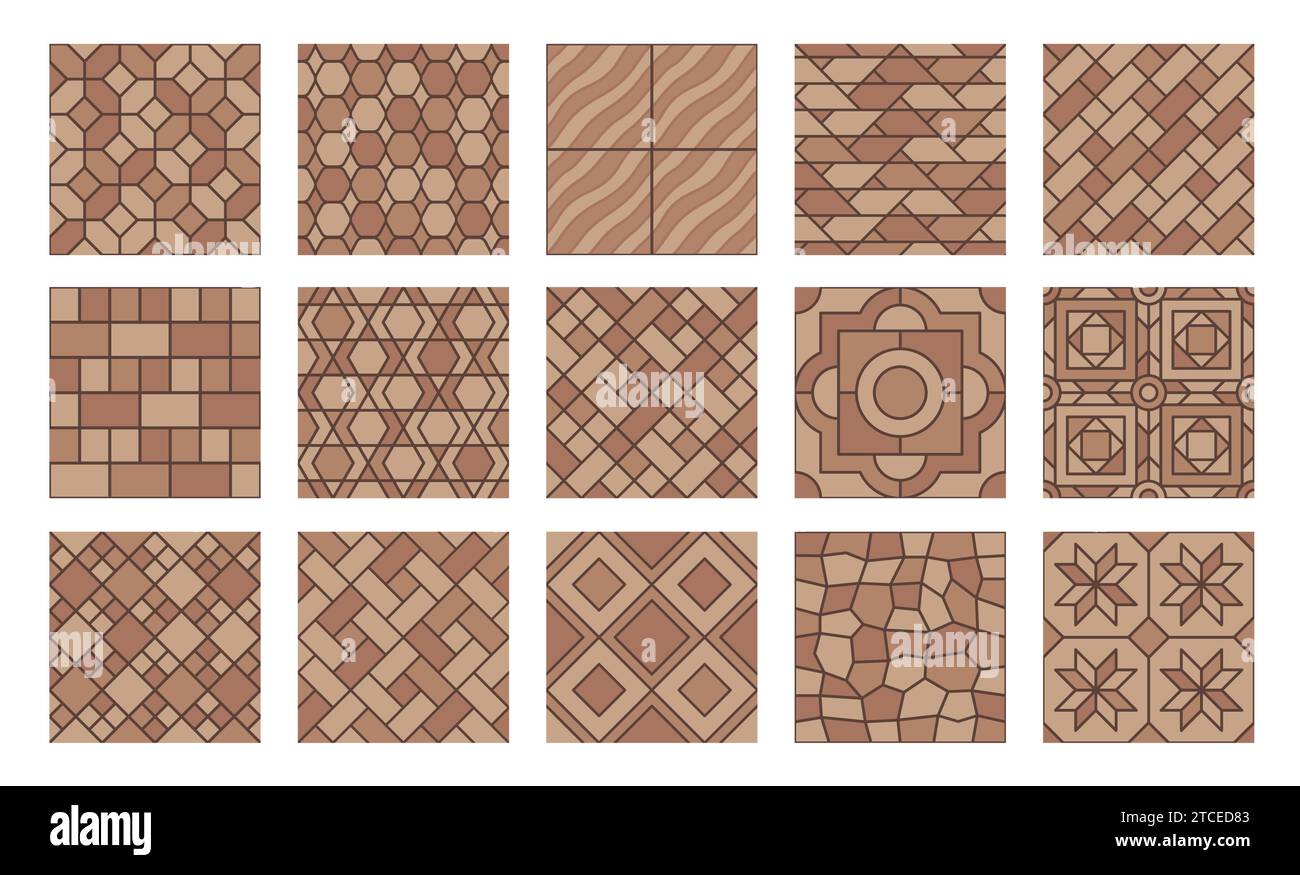 Brown pavement top view patterns, street cobblestone and garden sidewalk tiles, seamless vector. Stone bricks pavement patterns of terracotta tiles with mosaic cubic and geometric floral pattern Stock Vector