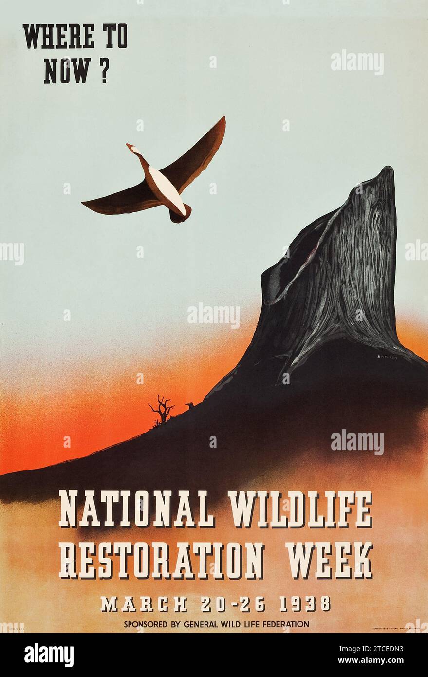 National Wildlife Restoration Week (General Wildlife Federation, 1938) Travel Poster - 'Where to Now?'. Stock Photo