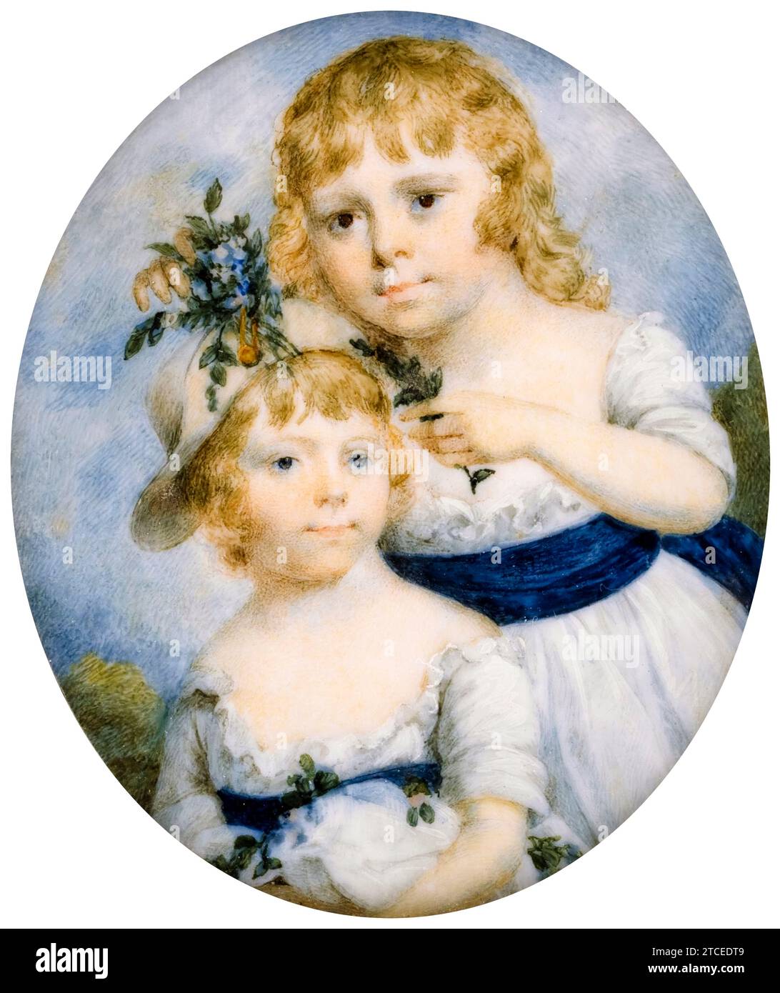 James Nixon, Portrait of Two Sisters, portrait miniature watercolour painting on ivory, 1790-1800 Stock Photo