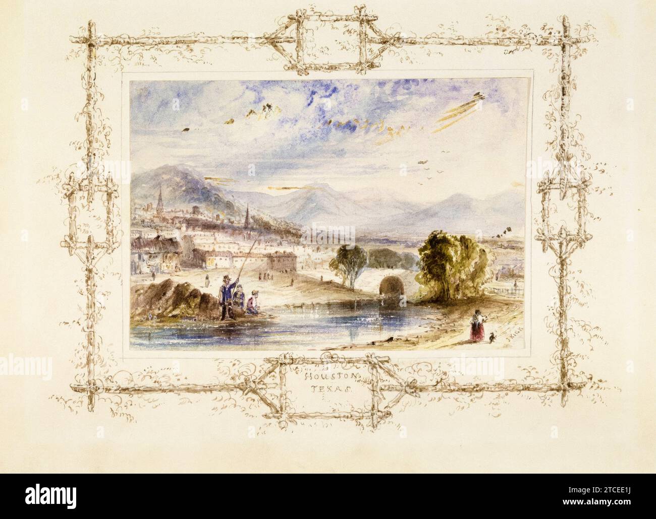 J Kick, Mid 19th Century view of Houston, Texas, landscape painting in watercolour, 1844-1848 Stock Photo