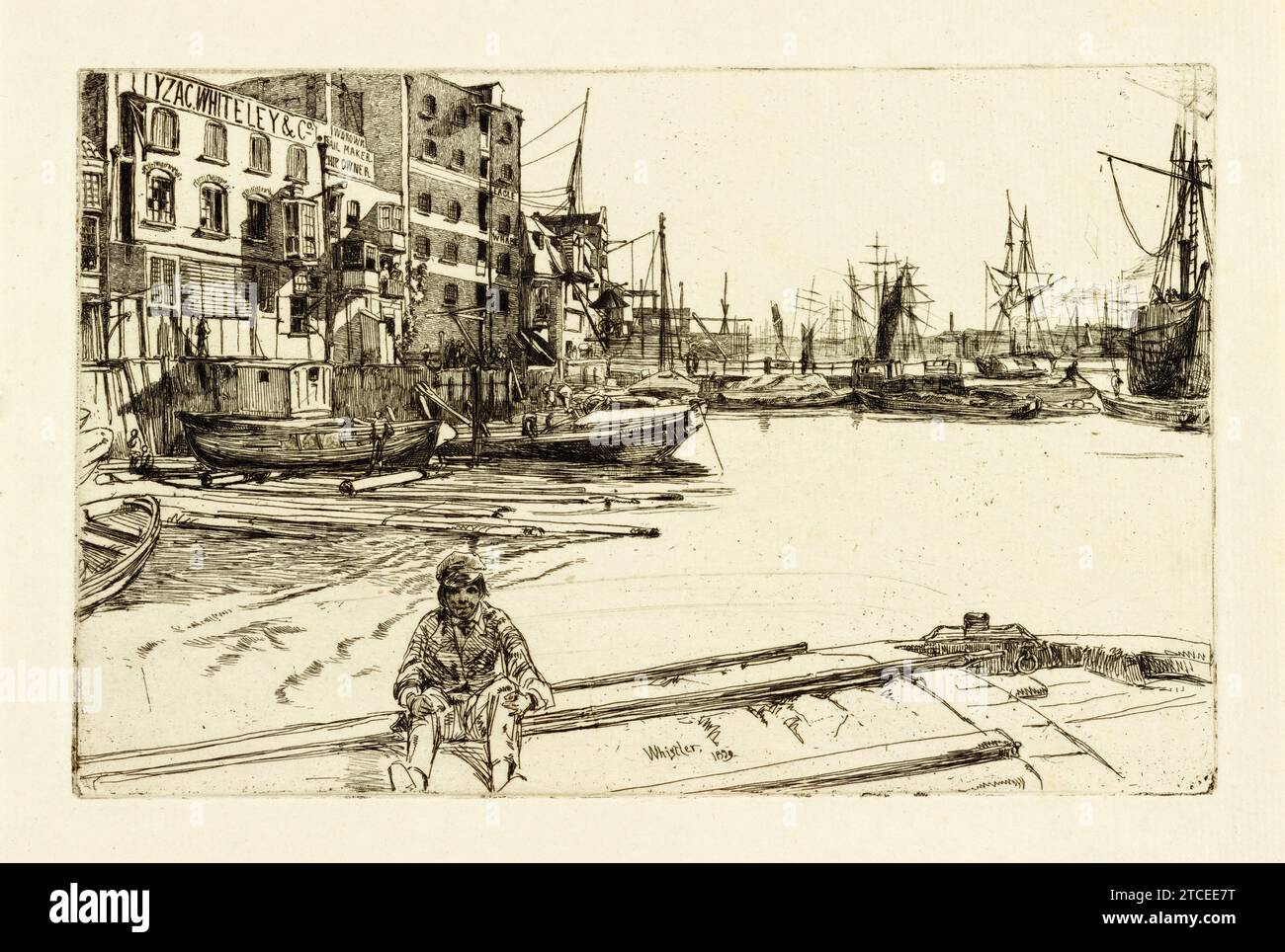 James Abbott McNeill Whistler etching, Eagle Wharf, landscape drawing, 1859 Stock Photo
