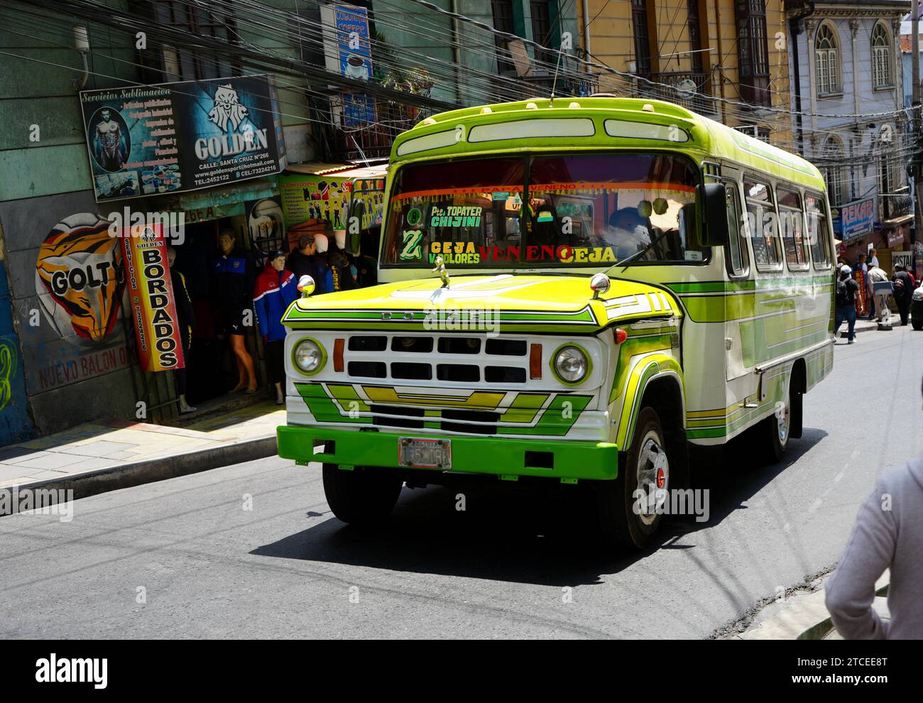 Green Dodge Mini Bus in the city centre. La Paz, Bolivia, October 10, 2023. Stock Photo
