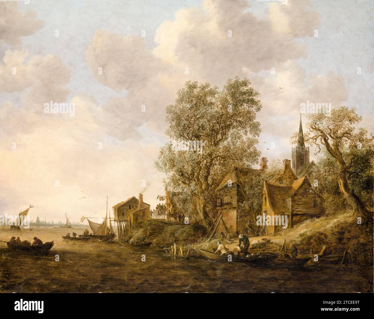 Jan van Goyen, View of a Town on a River, landscape painting in oil on canvas, 1645 Stock Photo