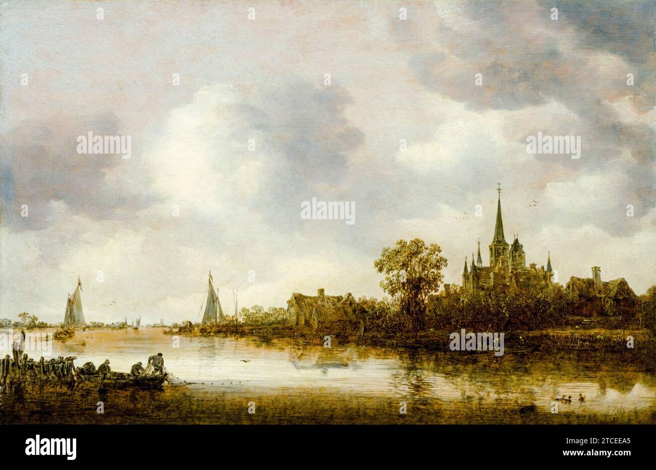 Jan van Goyen, River Landscape with a Church in the Distance, painting in oil on panel, 1644 Stock Photo