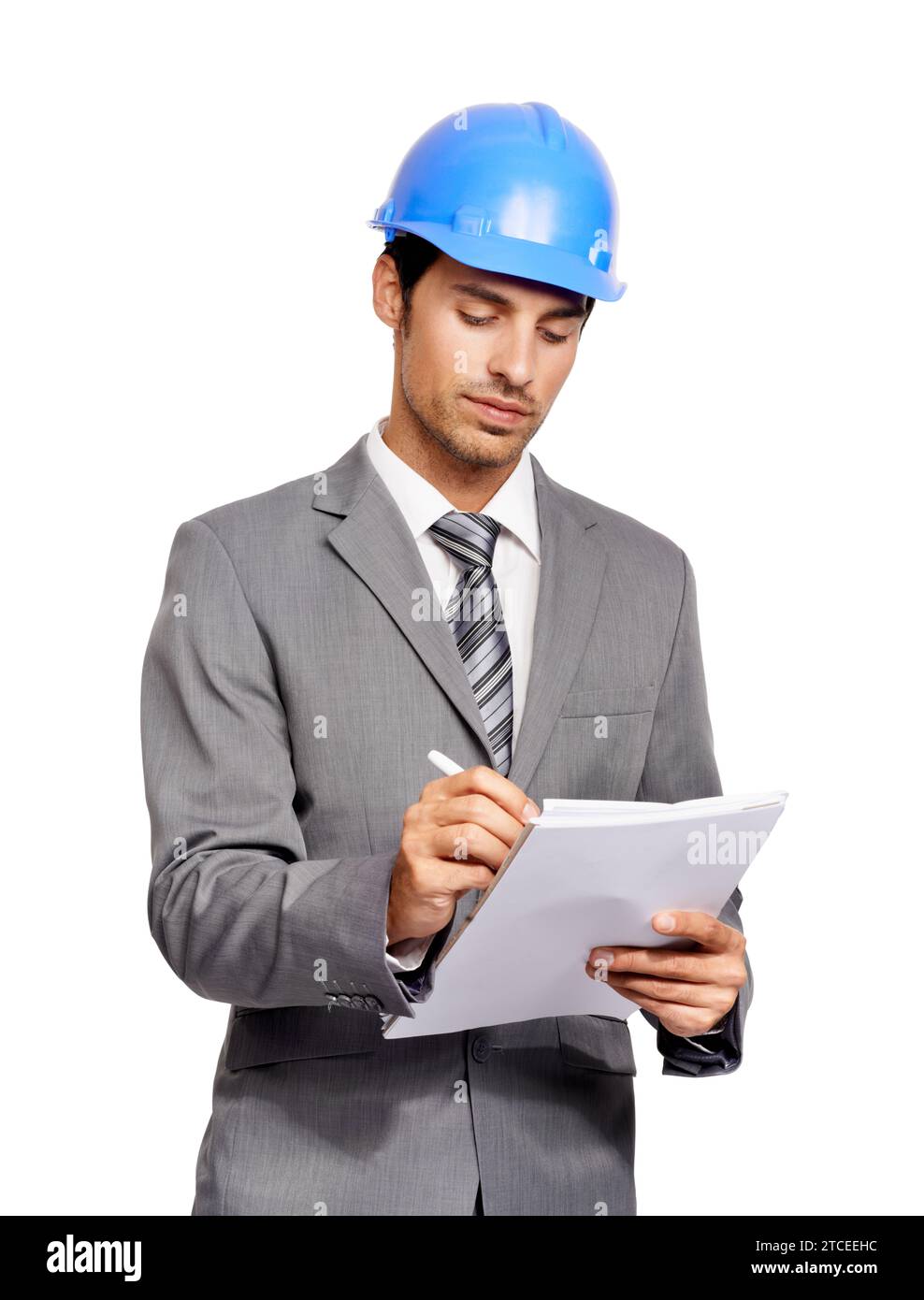 Construction, man and writing notes in studio for project management ...
