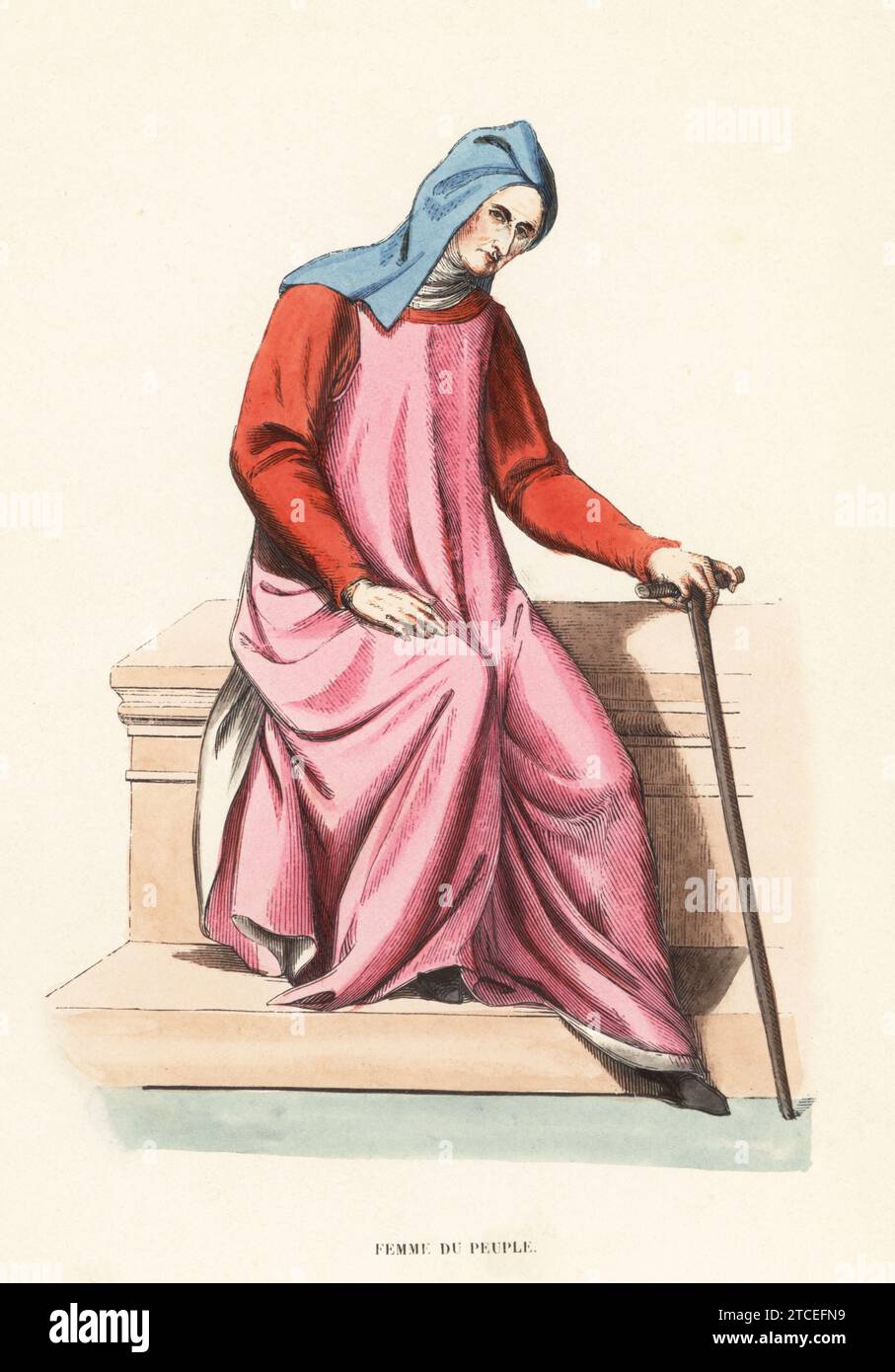 Costume of a common woman, 15th century. In blue capuchon or hood, scarlet robe under pink tunic, black shoes. Femme du Peuple, XVe siecle. Handcoloured woodcut engraving from Costume du Moyen Age, Medieval Costume, Librairie Historique-Artistique, Brussels, 1847. Stock Photo