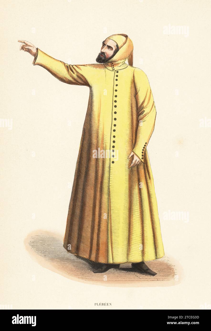 Costume of a common man, 13th century. In yellow capuchon and buttoned smock, black shoes. Plebeen, XIIIe siecle. Handcoloured woodcut engraving from Jacques Joseph van Beveren’s Costume du Moyen Age, Medieval Costume, Librairie Historique-Artistique, Brussels, 1847. Stock Photo