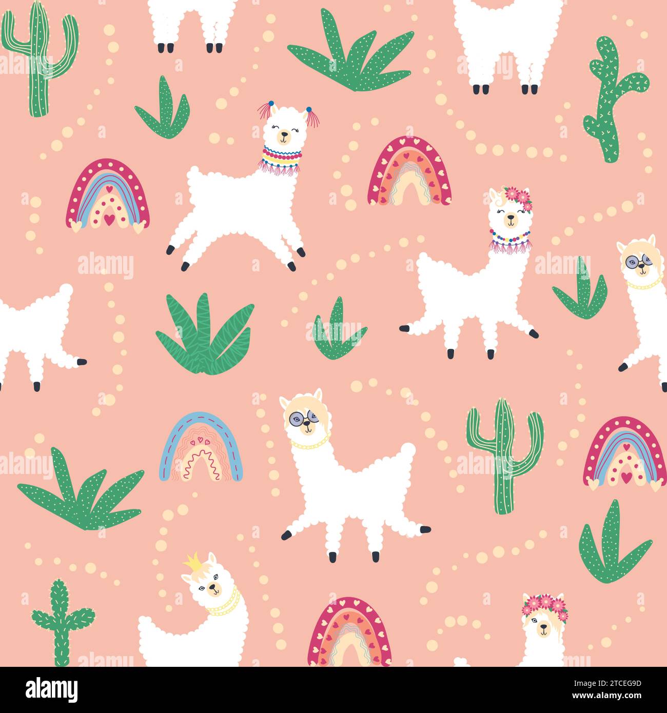 Cute pattern with llamas, cacti, Alps mountains, dream catcher, rainbows and hearts. Children's room design, printed fabric, wallpaper, packaging Stock Vector