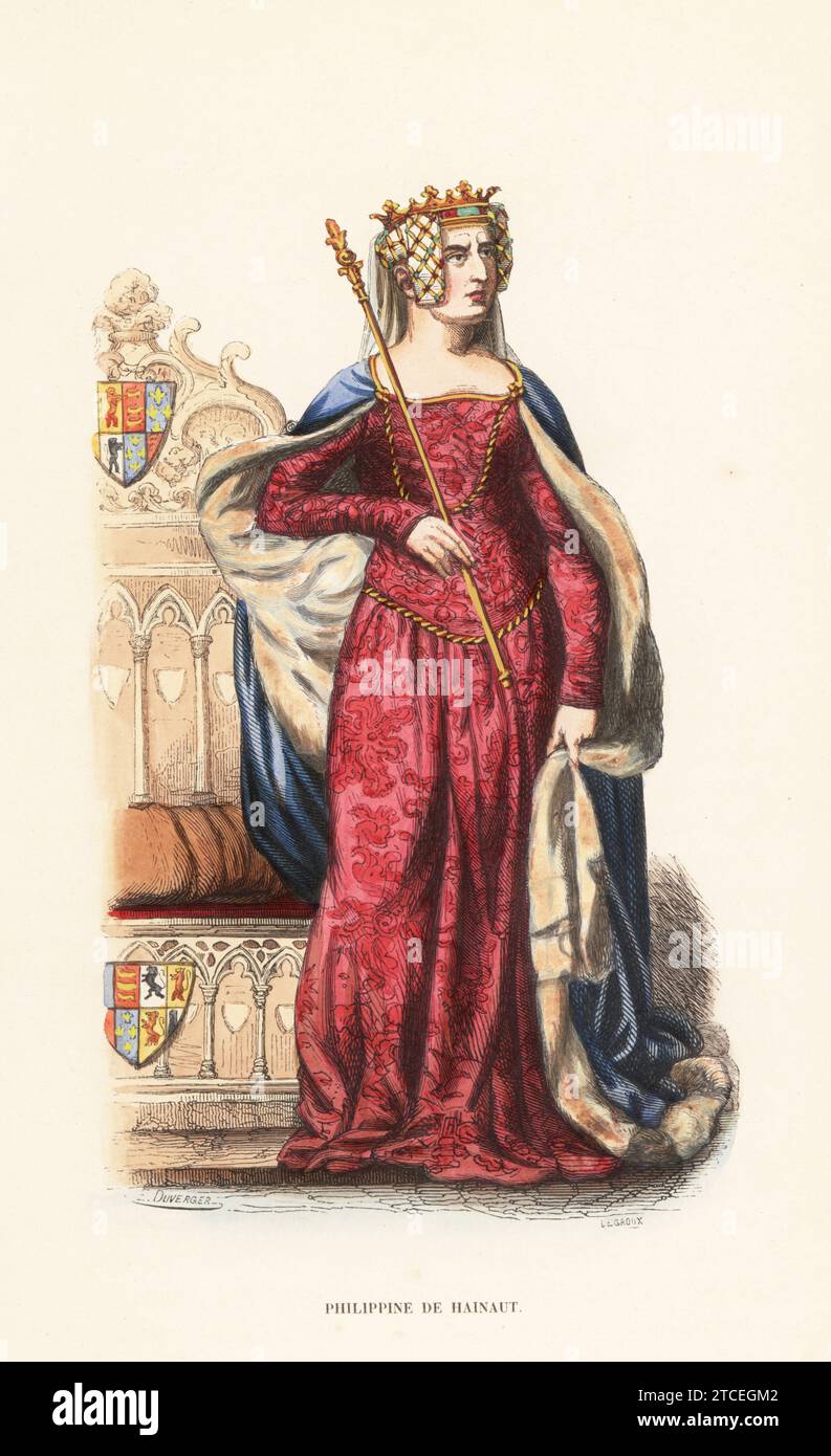 Philippa of Hainault, Queen of England, wife and political adviser of King Edward III, c.1310-1369. In diadem, headdress of gold net and veil, ermine cloak over a brocade robe, holding a sceptre. After an illustration by Charles Hamilton Smith from her effigy in Westminster Abbey. Philippine de Hainaut, XIVe siecle. Handcoloured woodcut engraving by Evrard Duverger and Degroux from Jacques Joseph van Beveren’s Costume du Moyen Age, Medieval Costume, Librairie Historique-Artistique, Brussels, 1847. Stock Photo