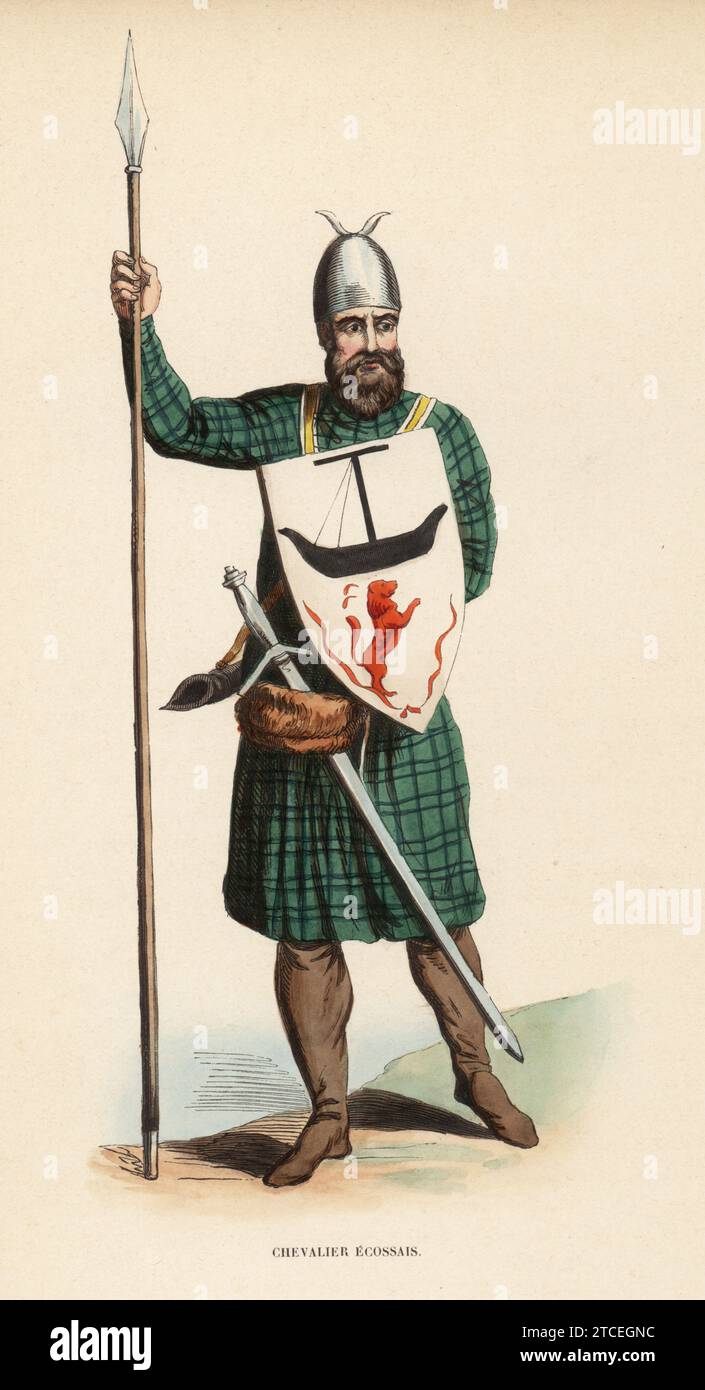 Scottish knight or clan chief in tartan kilt and jerkin, armed with lance, sword and heraldic shield, with ship and lion rampant, era of Robert the Bruce. A chief of the Isles, 14th century. After an illustration by Charles Hamilton Smith copied from Gilbride MacKinnon's effigy in Iona Abbey. Chevalier ou Chef Ecossais, XIVe siecle. Handcoloured woodcut engraving from Jacques Joseph van Beveren’s Costume du Moyen Age, Medieval Costume, Librairie Historique-Artistique, Brussels, 1847. Stock Photo