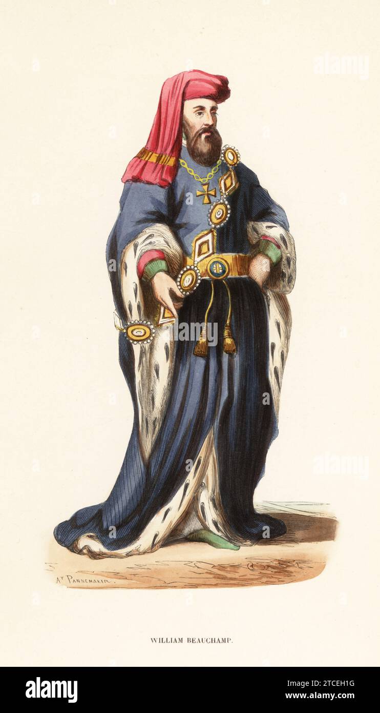 Sir William Beauchamp, 1st Baron Bergavenny, English peer and Justiciar of South Wales, Captain of Calais, c.1343-1411. In silk chaperon hood, belt and chain decorated with gemstones, blue mantle lined with ermine. After an illustration by Charles Hamilton Smith. 14th century, XIVe siecle. Handcoloured woodcut engraving by At. Pannemaker from Jacques Joseph van Beveren’s Costume du Moyen Age, Medieval Costume, Librairie Historique-Artistique, Brussels, 1847. Stock Photo