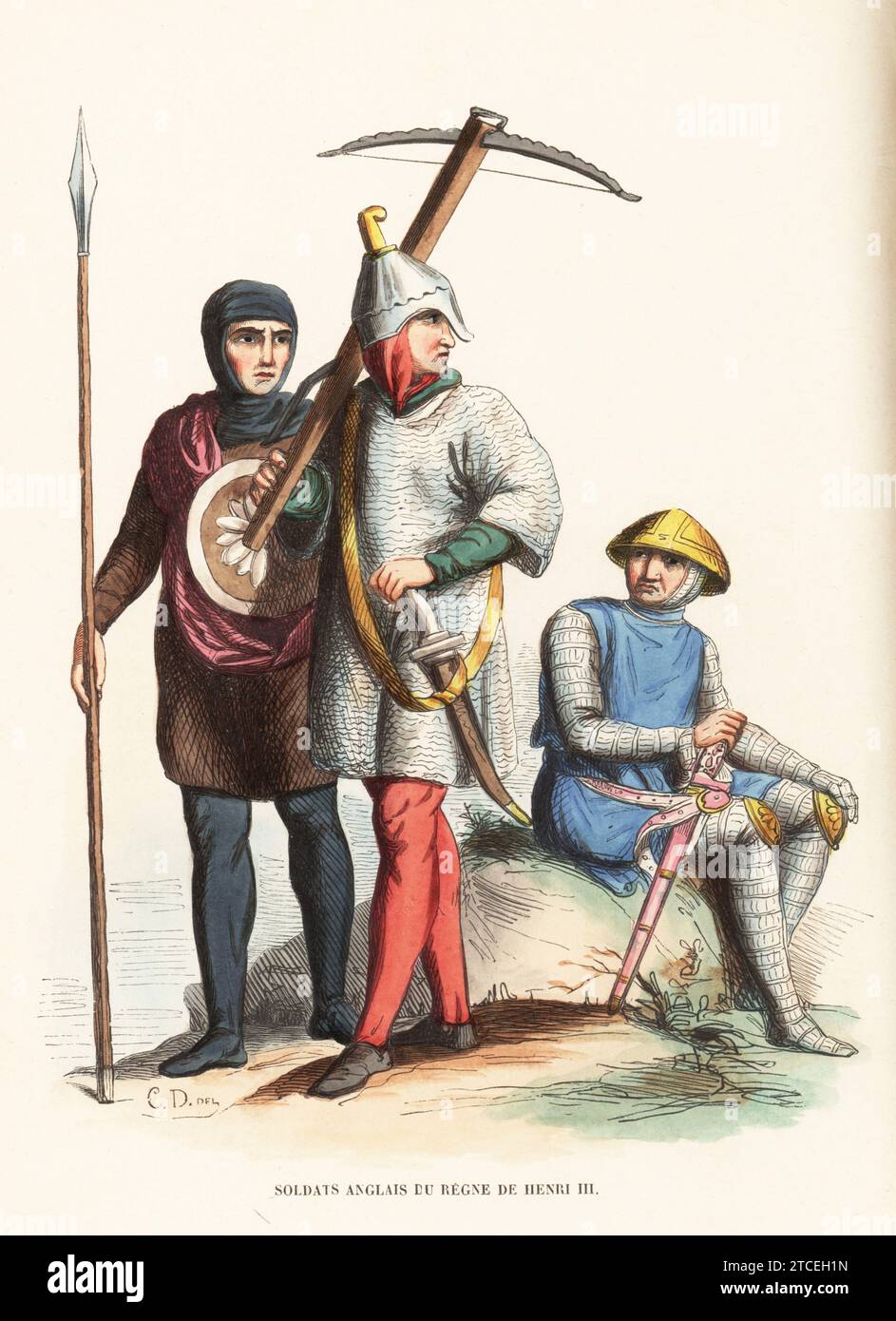 English soldiers in the reign of King Henry III. Foot soldier or peasant in capuchon with lance and buckler, crossbowman in chainmail hauberk and helmet with dagger, and man at arms in chainmail hauberk, bassinet, with sword. Soldats Anglais du regne de Henri III, XIIIe siecle.  Handcoloured woodcut engraving by CD after Charles Hamilton Smith from Jacques Joseph van Beveren’s Costume du Moyen Age, Medieval Costume, Librairie Historique-Artistique, Brussels, 1847. Stock Photo