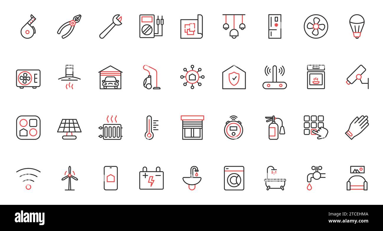 Remote surveillance air conditioner, electrical appliances and device to control energy, temperature lighting, refrigerator. Smart home systems trendy red black thin line icons set vector illustration Stock Vector