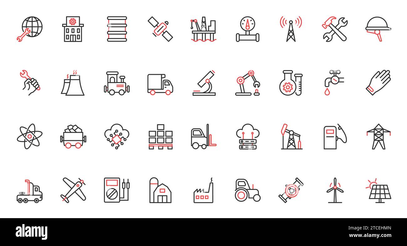 Gas and oil, energy and power production, resources, factory buildings orkers, pipeline manufacturing enterprise, robot equipment. Industry trendy red black thin line icons set vector illustration. Stock Vector