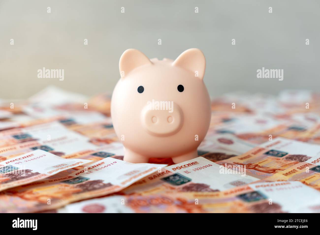 Pink piggy bank with Russian money banknotes currency rouble in nominal ...
