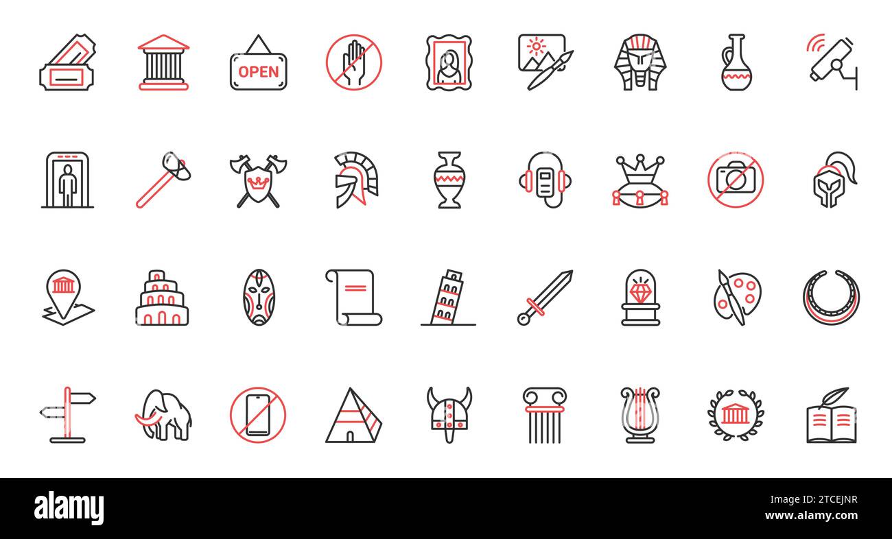 Exhibition antique artifacts culture heritage collection for visitors, school excursion, artwork exhibits of art history gallery. Museum trendy red black thin line icons set vector illustration. Stock Vector
