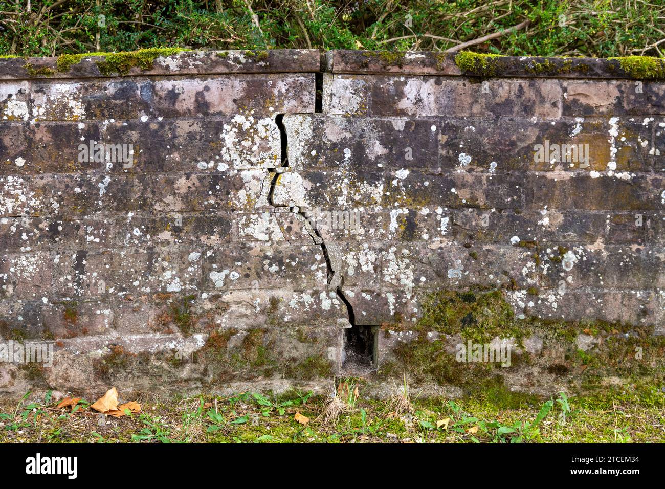 An old wall made of thick stones with a crack running from top to bottom. The wall has a lot of moss and has a coping. Stock Photo