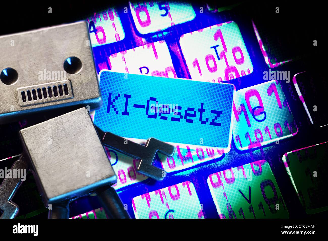 FOTOMONTAGE, Taste mit Aufschrift KI-Gesetz mit Roboter auf einer ...