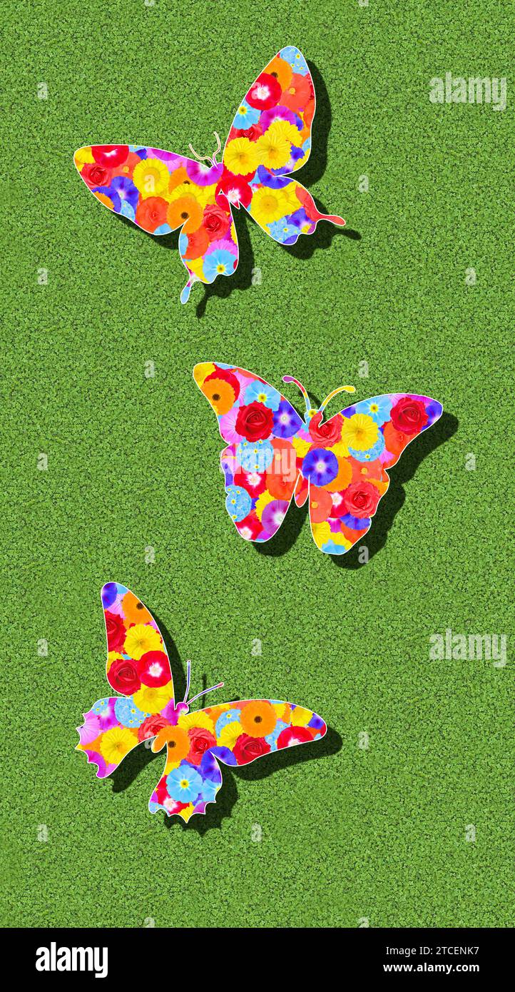 Three butterflies as a graphic, with colorful flowers on a green background Stock Photo