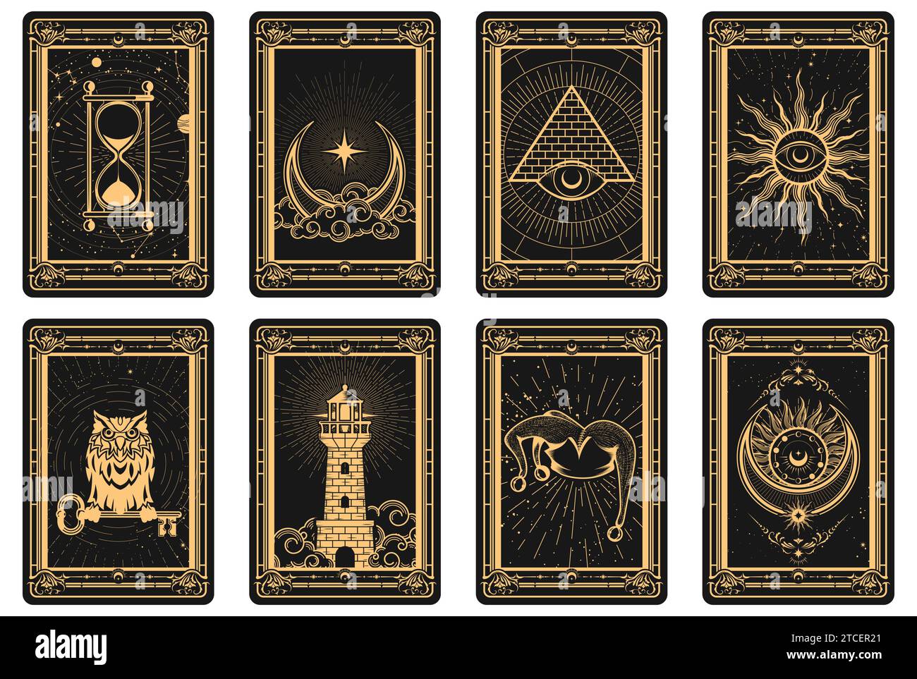 Tarot cards batch reverse side, magic frame with esoteric and mystic symbols, sun and lighthouse, moon and pyramid sorcery, vector Stock Vector