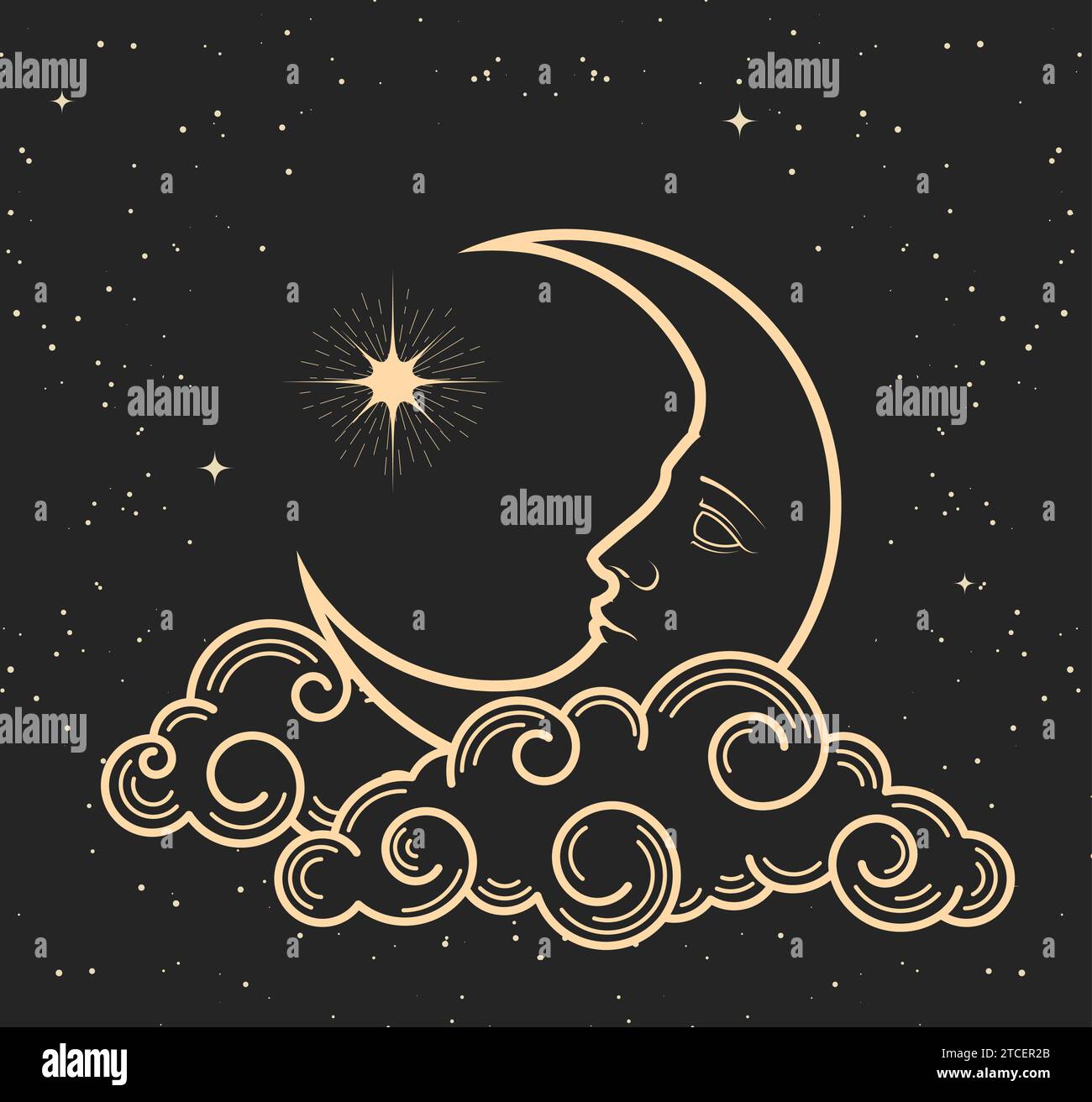 Mystic half-moon with face sleeps on clouds, crescent and guiding pole star, tarot style magic astrology symbol, vector Stock Vector