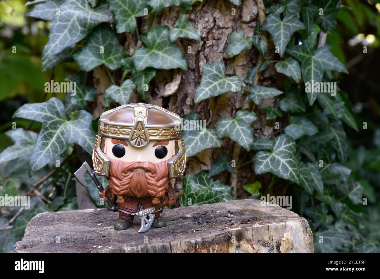 Funko Pop action figure of dwarf Gimli from fantasy movie The Lord of the Rings. Warrior in armor with battle axe. Magic forest, green ivy leaves. Stock Photo