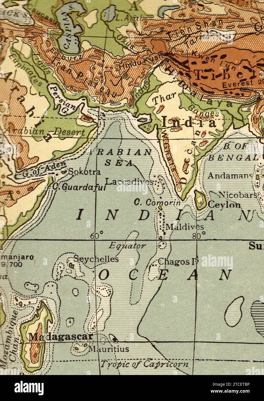 A vintage/antique geographical map showing India and Arabia. Stock Photo