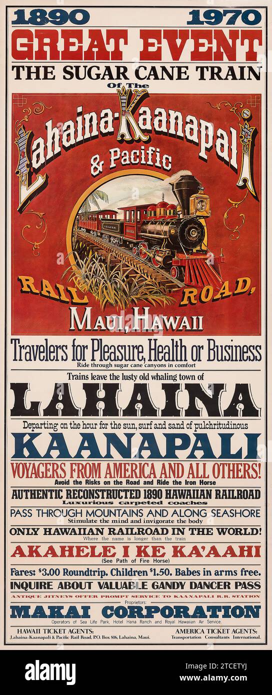 Vintage american travel poster - Railway poster - The Sugar Cane Train (Makai Corporation, 1970). Poster. Advertising Lahaina Kaanapali, Maui, Hawaii Stock Photo