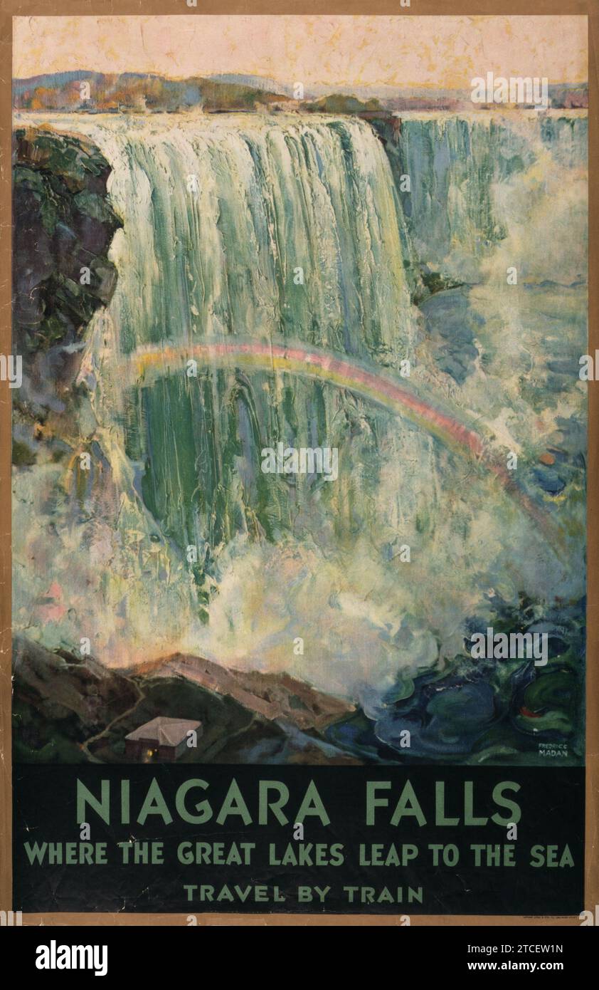 American travel poster - Niagara Falls, where the Great Lakes leap to the sea. Travel by train - Artwork by Fredric C. Madan - very vintage quality Stock Photo