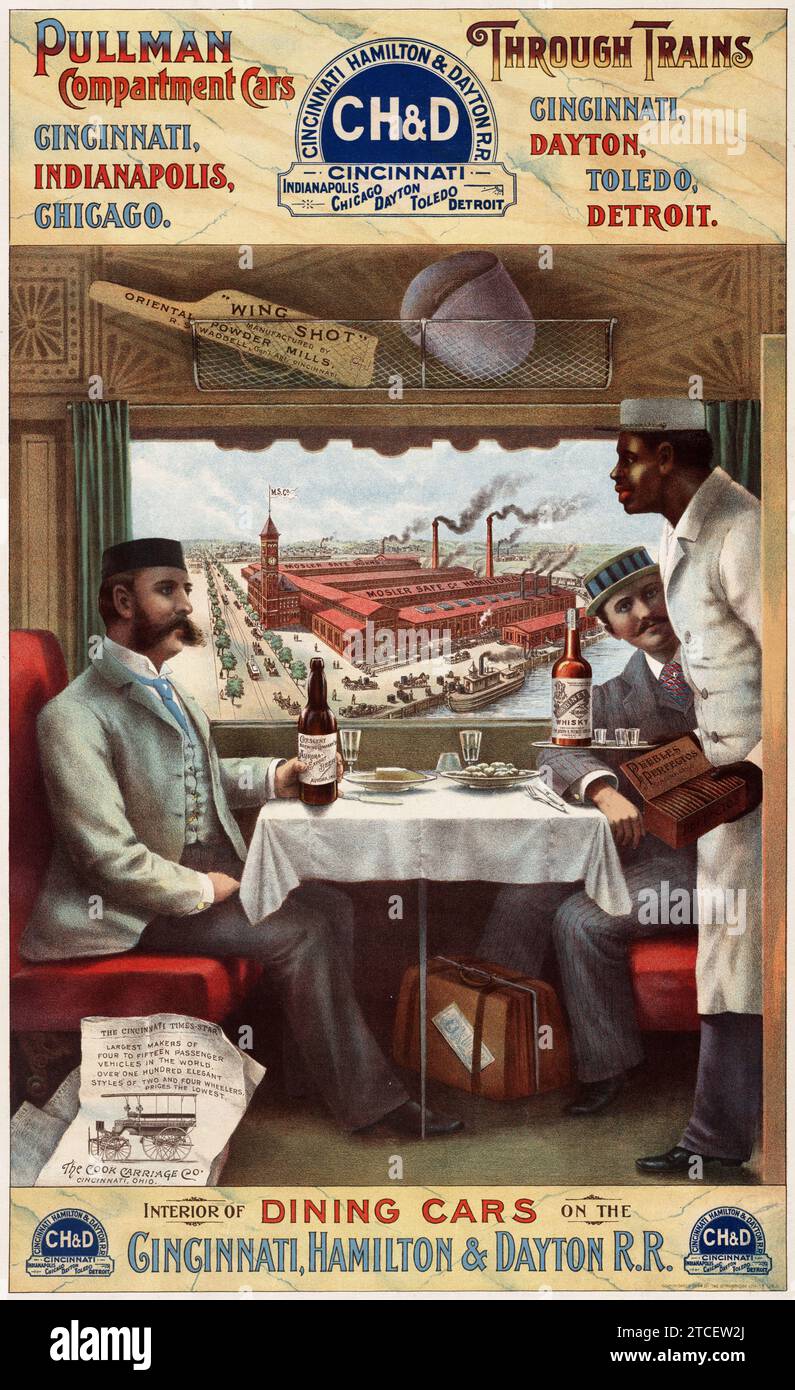 Vintage american travel poster - Railroad poster - Pullman compartment cars and through trains, Dining Cars - Cincinnati, Hamilton & Dayton Rail Road advertising poster, 1894 Stock Photo