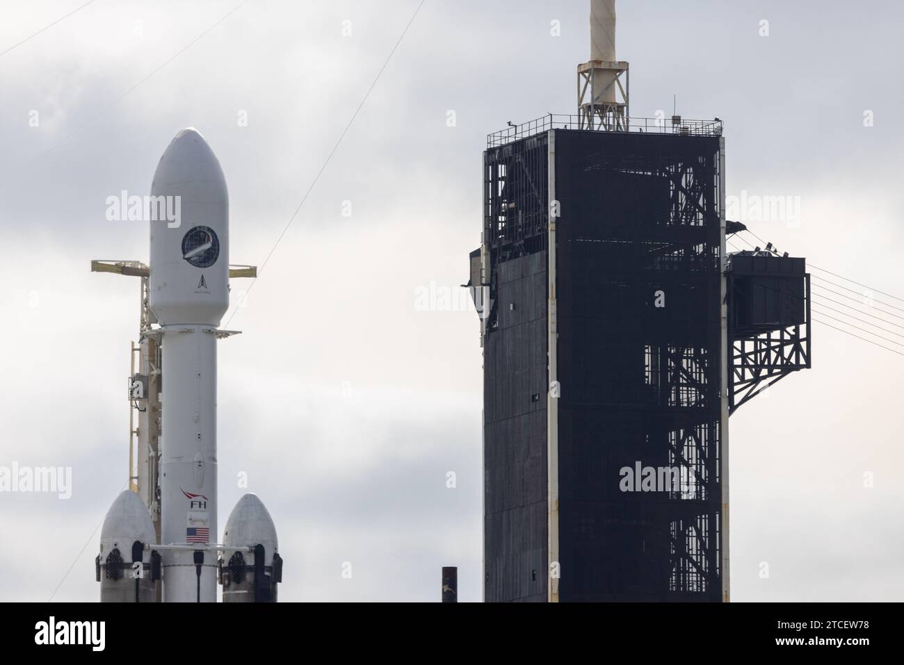 USA. 11th Dec, 2023. Photos of the 9th SpaceX Falcon Heavy three core rocket vehicle on Monday December 11th 2023 before the scrub for ground side issues. Photos are from three different locations around historic LC-39A. The center core is new and will be expended. The two side booster will make their 5th launch attempt and land back at LZ-1 & 2 Cape Canaveral Brevard County Florida USA (Photo by Scott Schilke/Sipa USA) Credit: Sipa USA/Alamy Live News Stock Photo