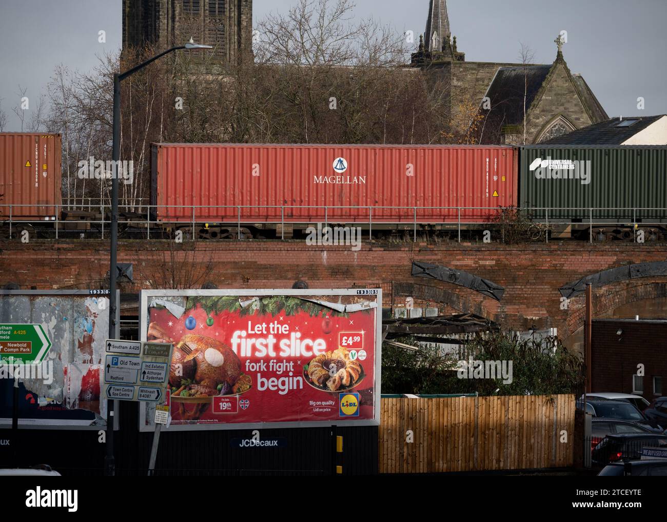 Magellan shipping container on a freightliner train, Leamington Spa, Warwickshire, UK Stock Photo