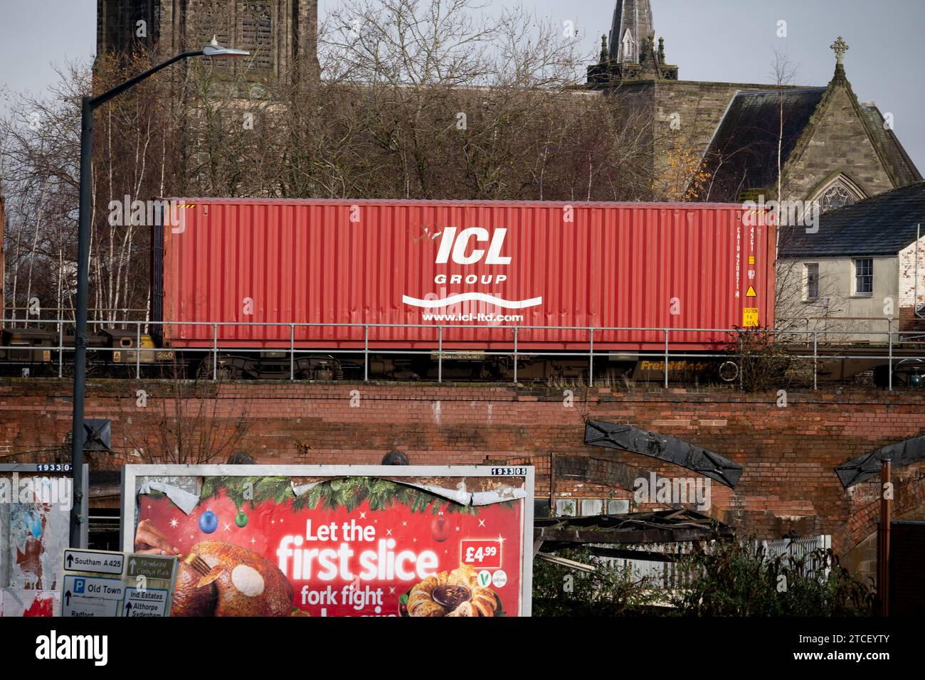 ICL Group shipping container on a freightliner train, Leamington Spa, Warwickshire, UK Stock Photo