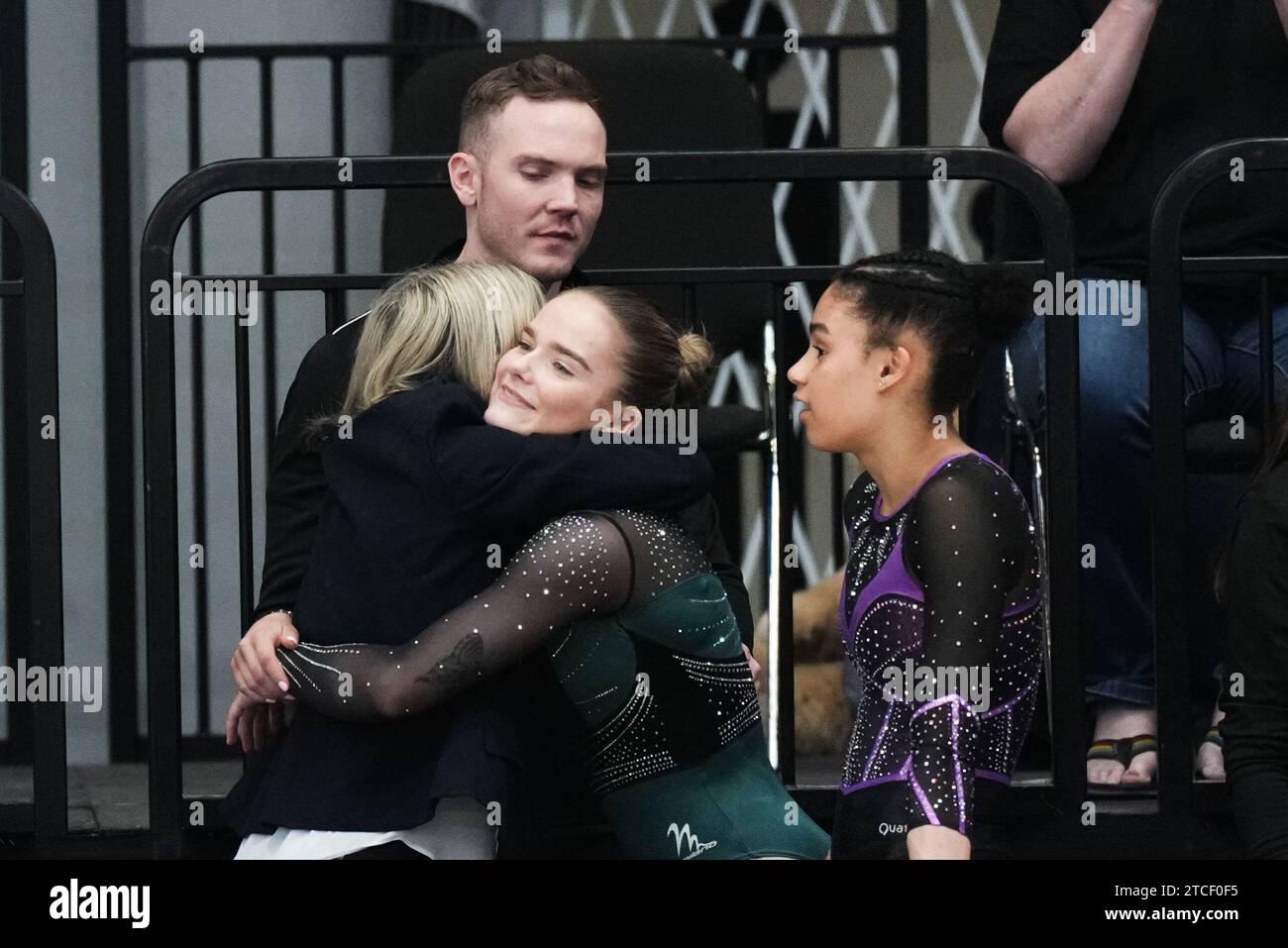 26 March 2023.British Gymnastics Championships. M&S Arena Liverpool. Mens and Women’s Senior All Around Finals           KINSELLA Alice hugs coaches after winning the Floor Final Stock Photo