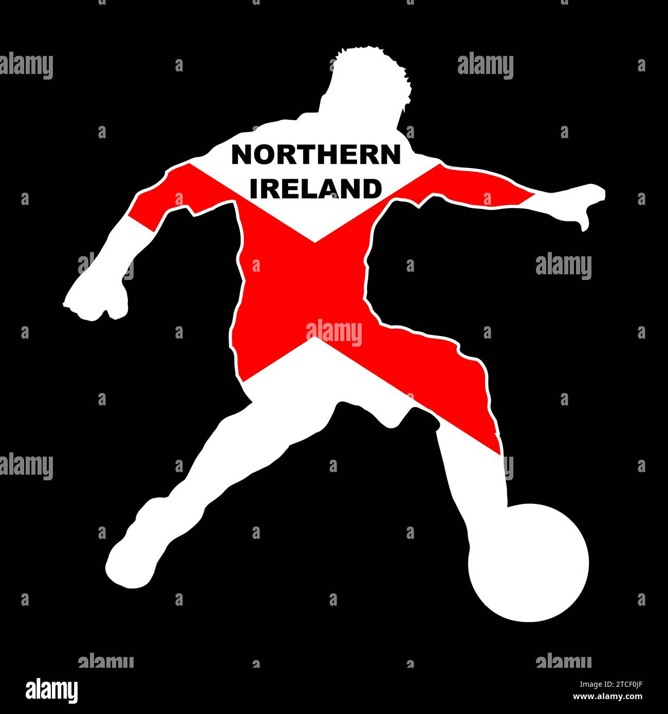 Silhouette of a Northern Ireland footballer with national flag set in a black background Stock Photo