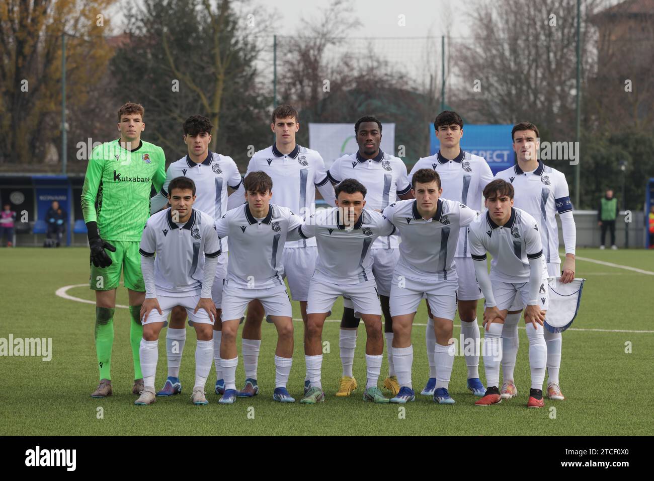 Milan, Italy. 12th Dec, 2023. The Real Sociedad starting eleven line up for a team photo prior to kick off, back row ( L to R ); Kevin Folgado, Jon Martin, Manex Gibelalde, Alex Lebarbier, Pablo Arenzana and Luken Beitia, front row ( L to R ); Jon Garro, Jon Eceizabarrena, Dario Ramirez, Arkaitz Mariezkurrena and Martin Arruti, in the UEFA Youth League match at Youth Development Centre, Milan. Picture credit should read: Jonathan Moscrop/Sportimage Credit: Sportimage Ltd/Alamy Live News Stock Photo
