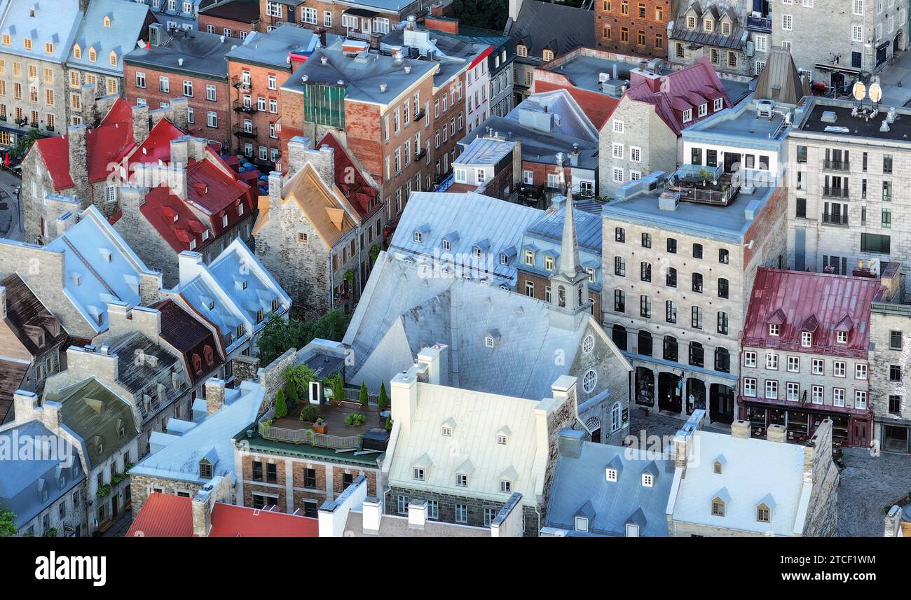 The historical city of old Quebec as seen from this aerial photo of the many colorful rooftops and French architecture in New Brunswick Canada. Stock Photo