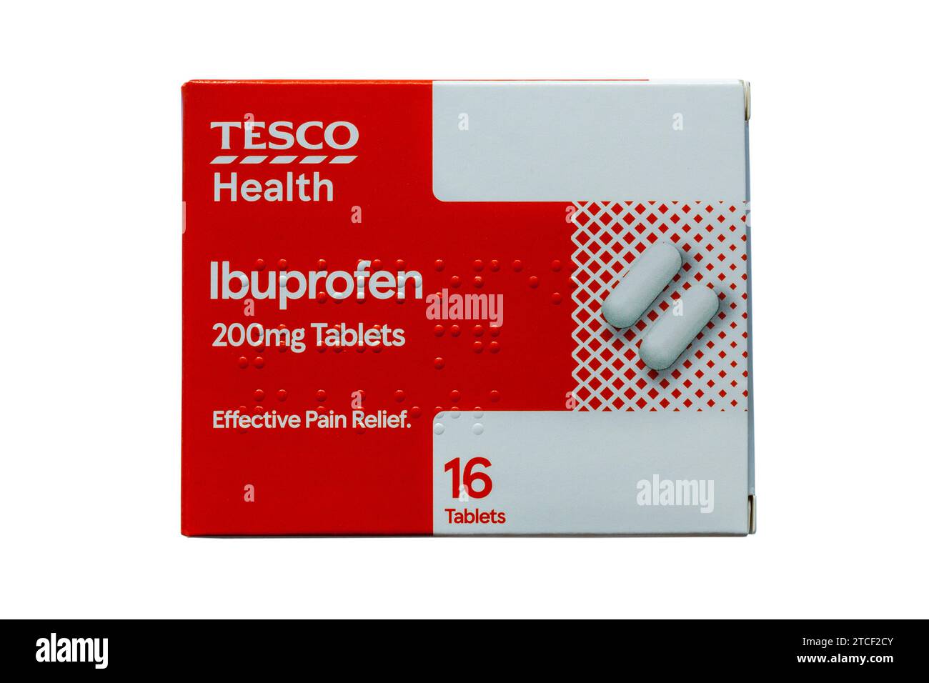 Tesco Health ibuprofen 200mg tablets effective pain relief tablets medication isolated on white background Stock Photo