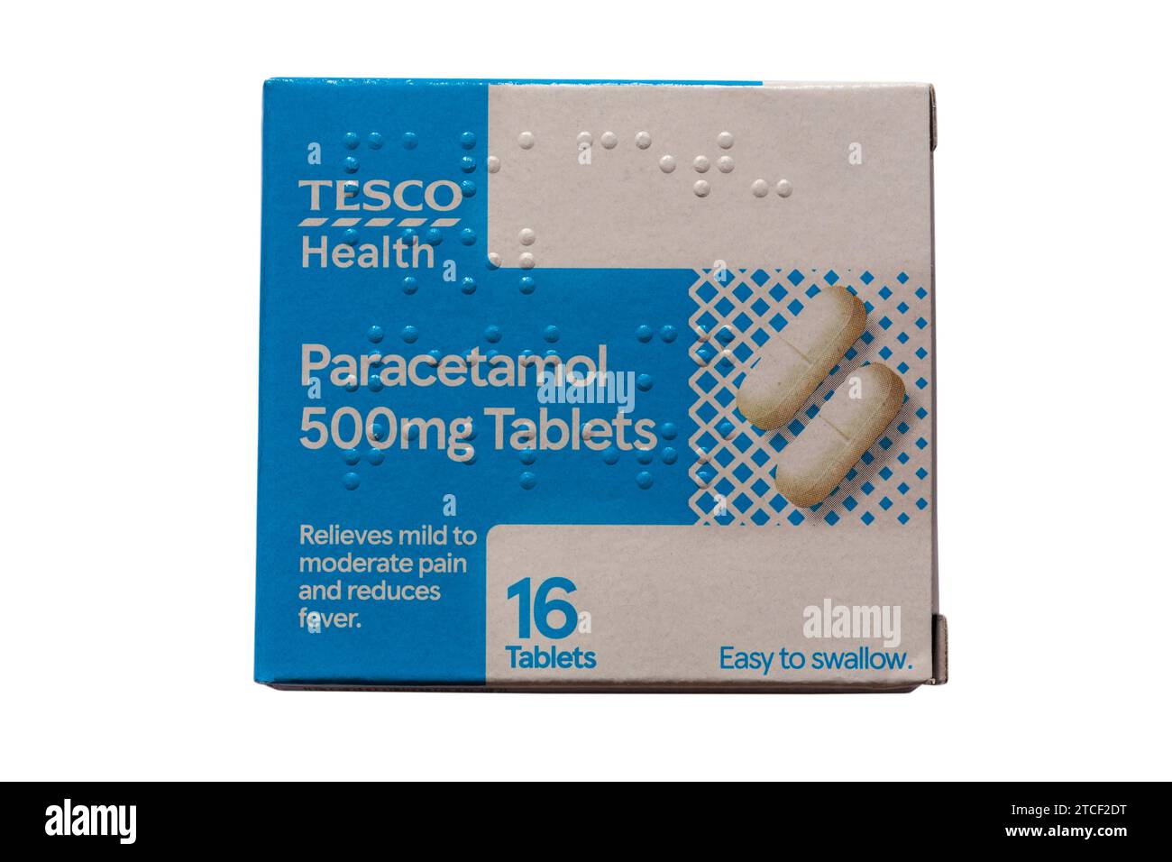 Pack of Tesco Health Paracetamol 500mg tablets isolated on white background 16 tablets relieves mild to moderate pain and reduces fever Stock Photo