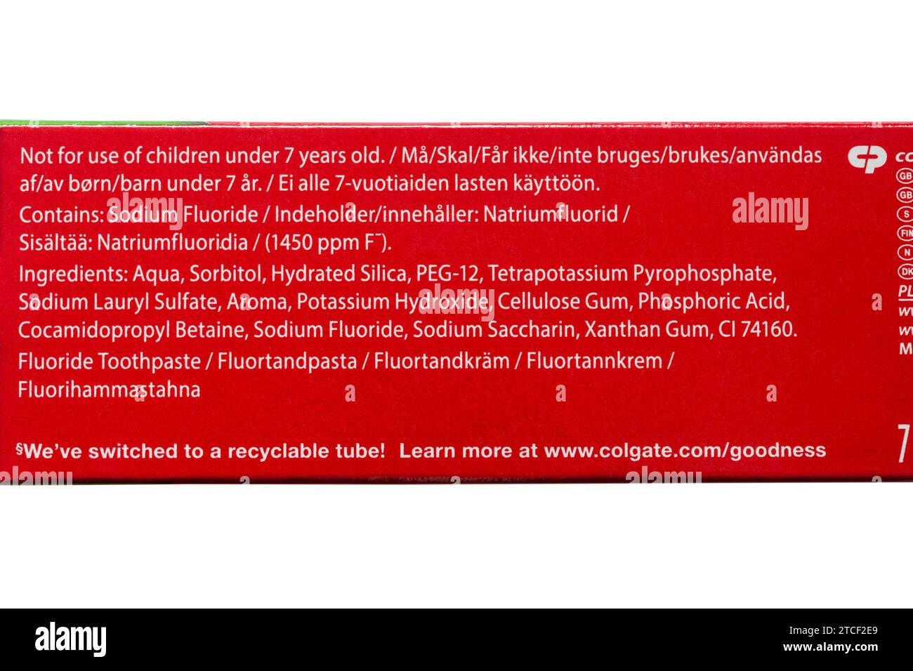 Toothpaste ingredients listed on box of Colgate Max White Luminous