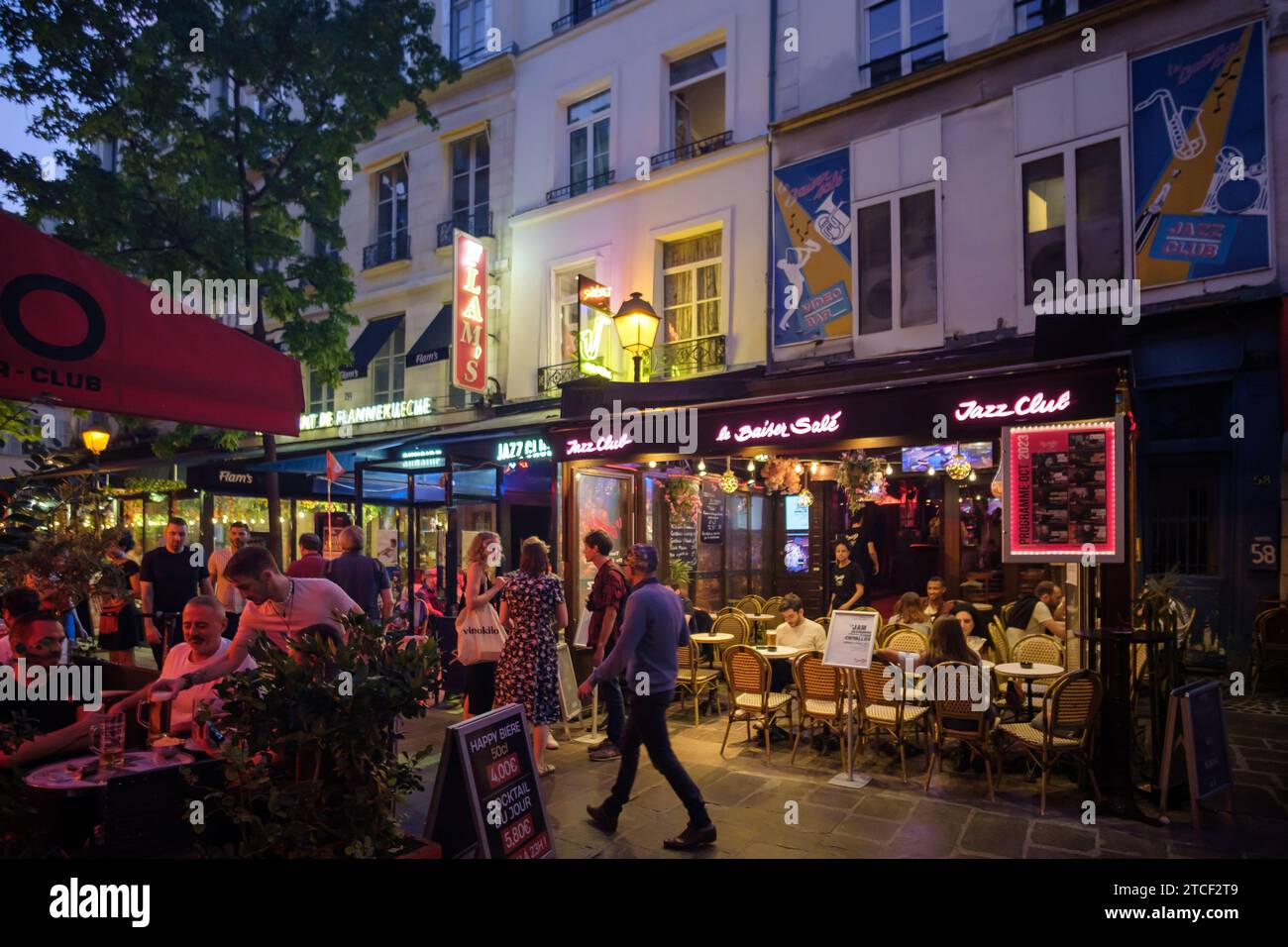 Paris, France - October 8, 2023 : View of people enjoying drinks outdoors at a famous jazz bar in the popular area of Chatelet in Paris France Stock Photo
