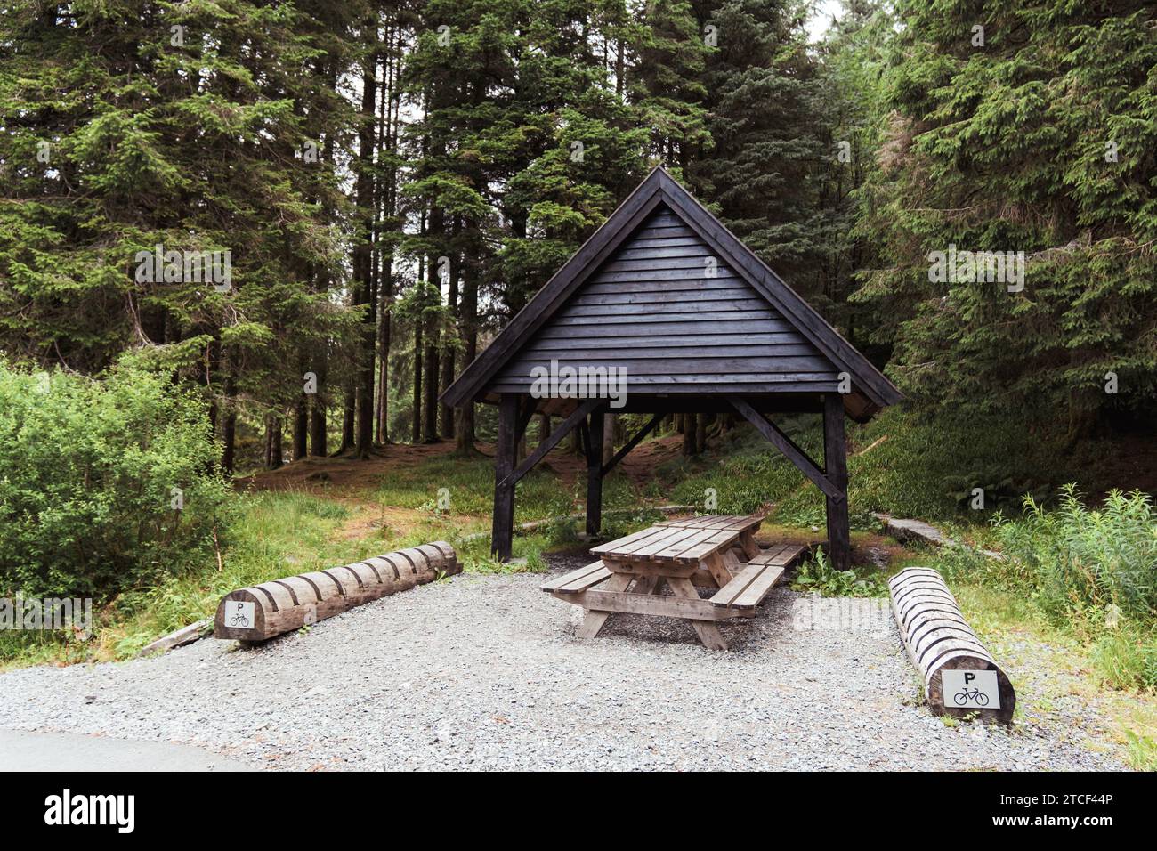 A traditional wooden picnic table, complete with benches in the shade ...