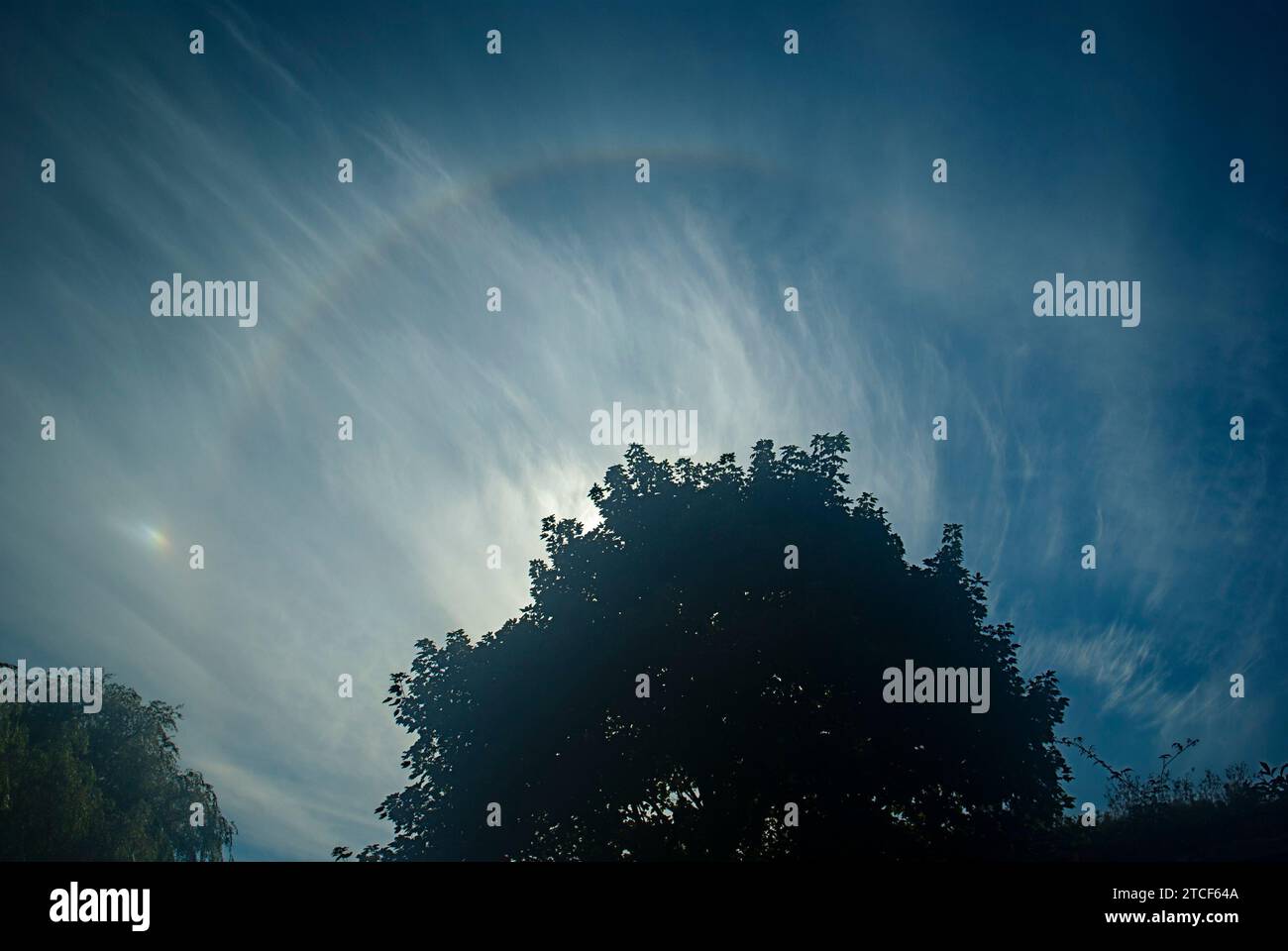 Solar Halo with sun dog caused by ice crystals in the upper atmosphere seen from northern England. Stock Photo