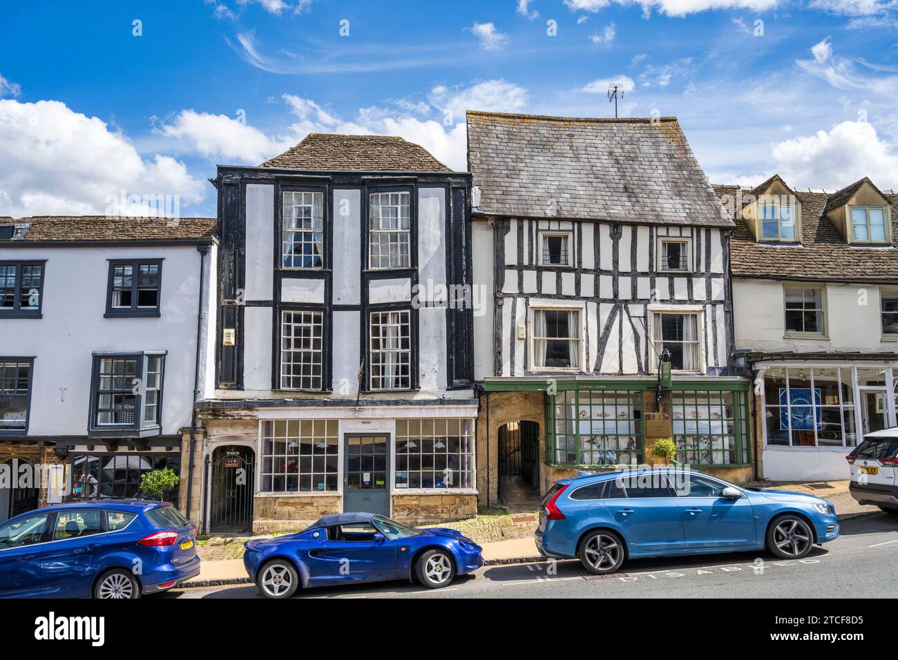 The House of Simon, an old black and white house, on Burford High Street, Oxfordshire, England, UK Stock Photo