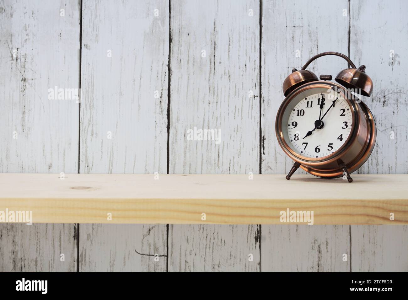 vintage alarm clock with space for copy on wooden background Stock ...