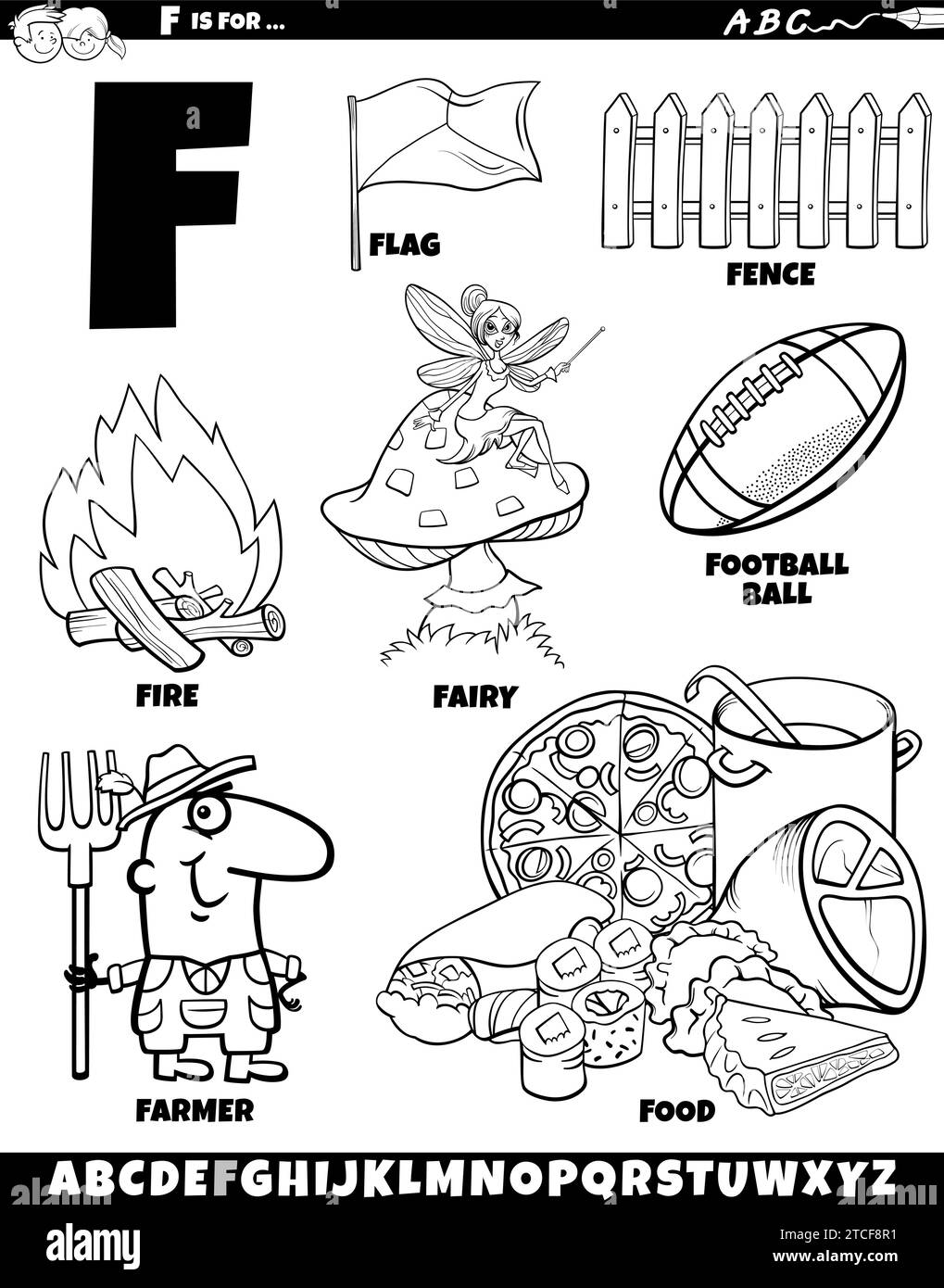 Cartoon illustration of objects and characters set for letter F coloring page Stock Vector