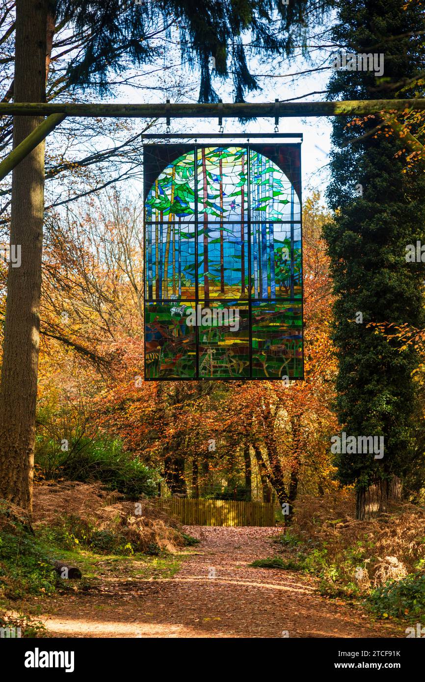 Stained glass artwork, Forest of Dean Sculpture Trail, Gloucestershire, UK Stock Photo