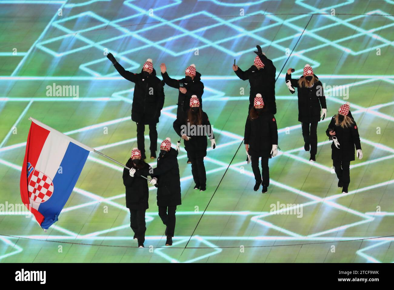 FEB 4, 2022 - Beijing, China: Zrinka Ljutić and Marko Skender are the flag bearers of Team Croatia during the Parade of Nations in the Opening Ceremony of the Beijing 2022 Winter Olympic Games (Photo: Mickael Chavet/RX) Stock Photo