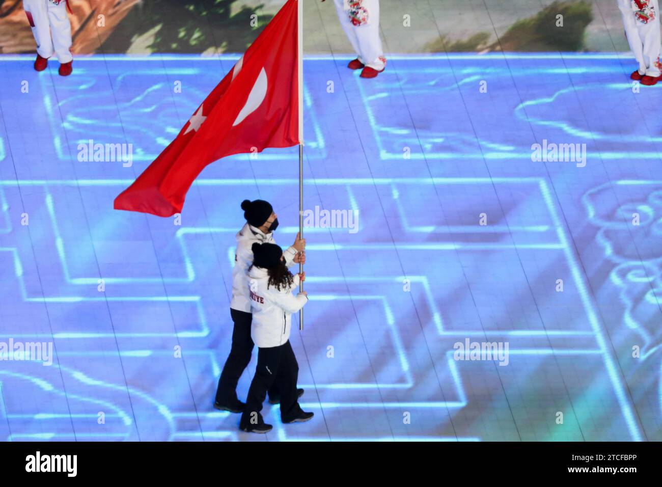 FEB 4, 2022 - Beijing, China: Furkan Akar and Aysenur Duman are the flag bearers of Team Turkey during the Parade of Nations in the Opening Ceremony of the Beijing 2022 Winter Olympic Games (Photo: Mickael Chavet/RX) Stock Photo