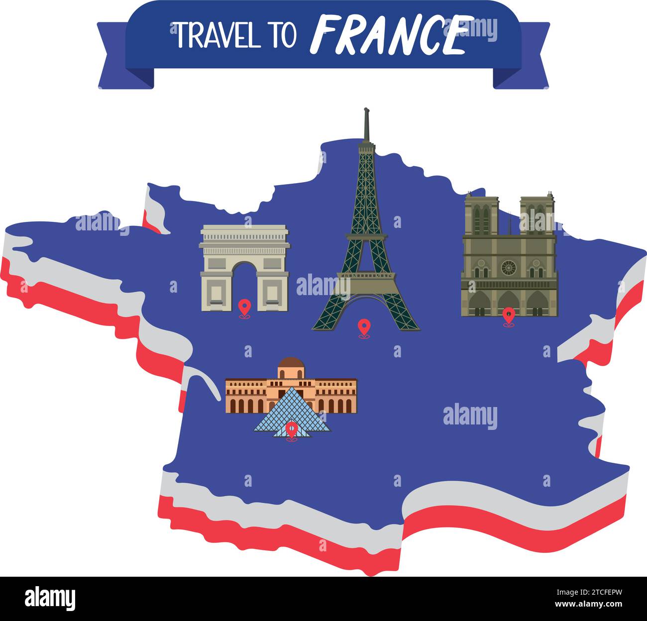 Isolated map of France with different famous landmarks Vector Stock Vector